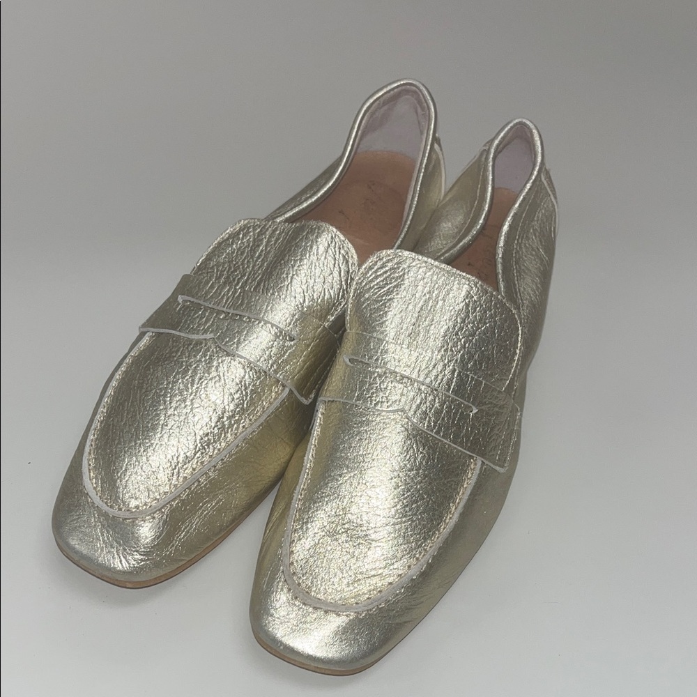 Free People Metallic Gold Leather Loafers size 37 or 7